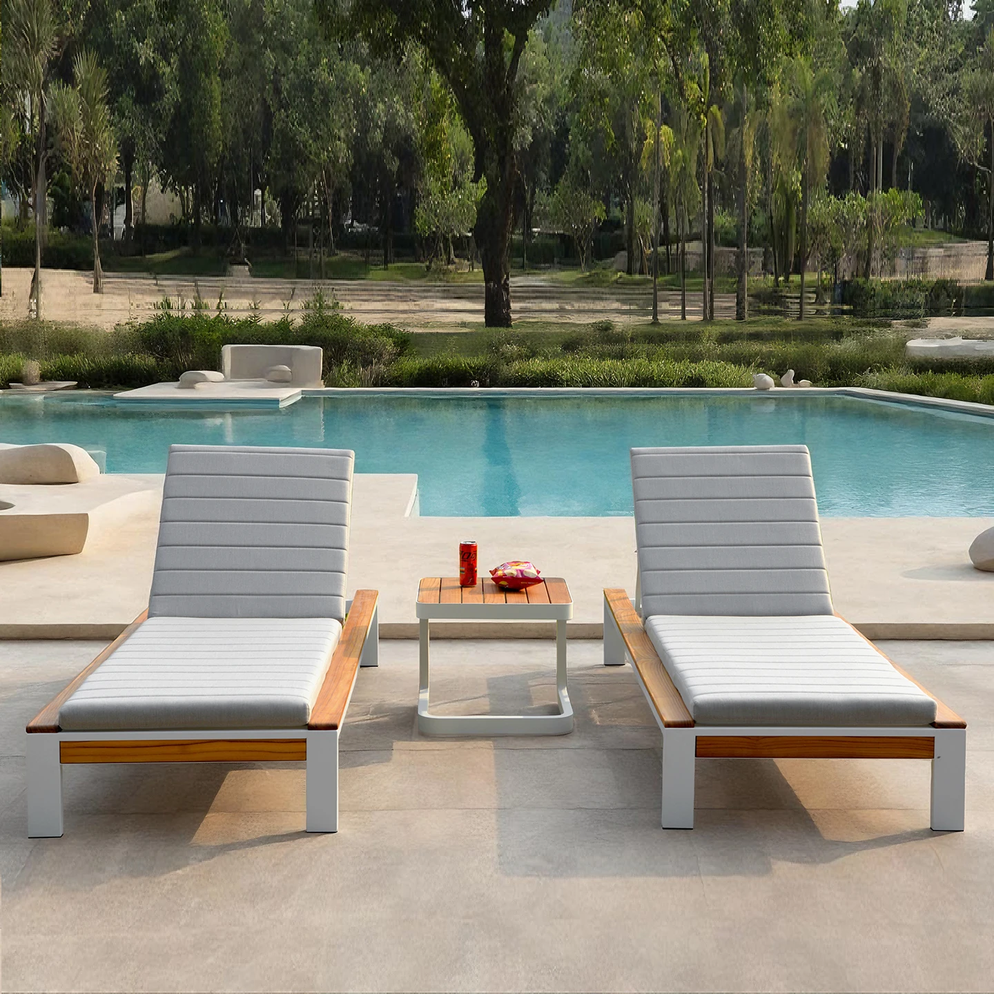 Modern Design Stainless Steel Frame Solid Wood Outdoor Park Sun Lounger Lounge Chair Cushions Durable Eco-Friendly Courtyard