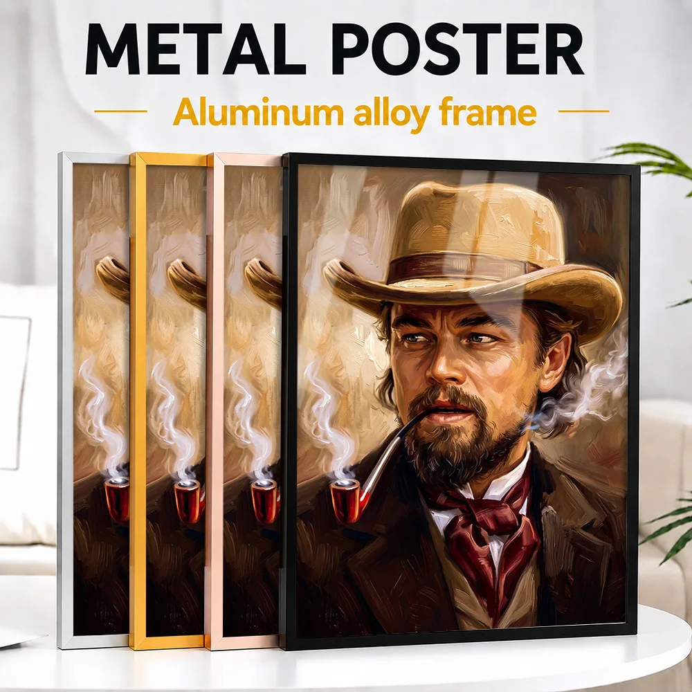 Leonardo DiCaprio como Calvin Candie: retrato enmarcado, impresión metálica, diseño gráfico personalizado, obra de arte para la pared, ideal para estudios creativos.