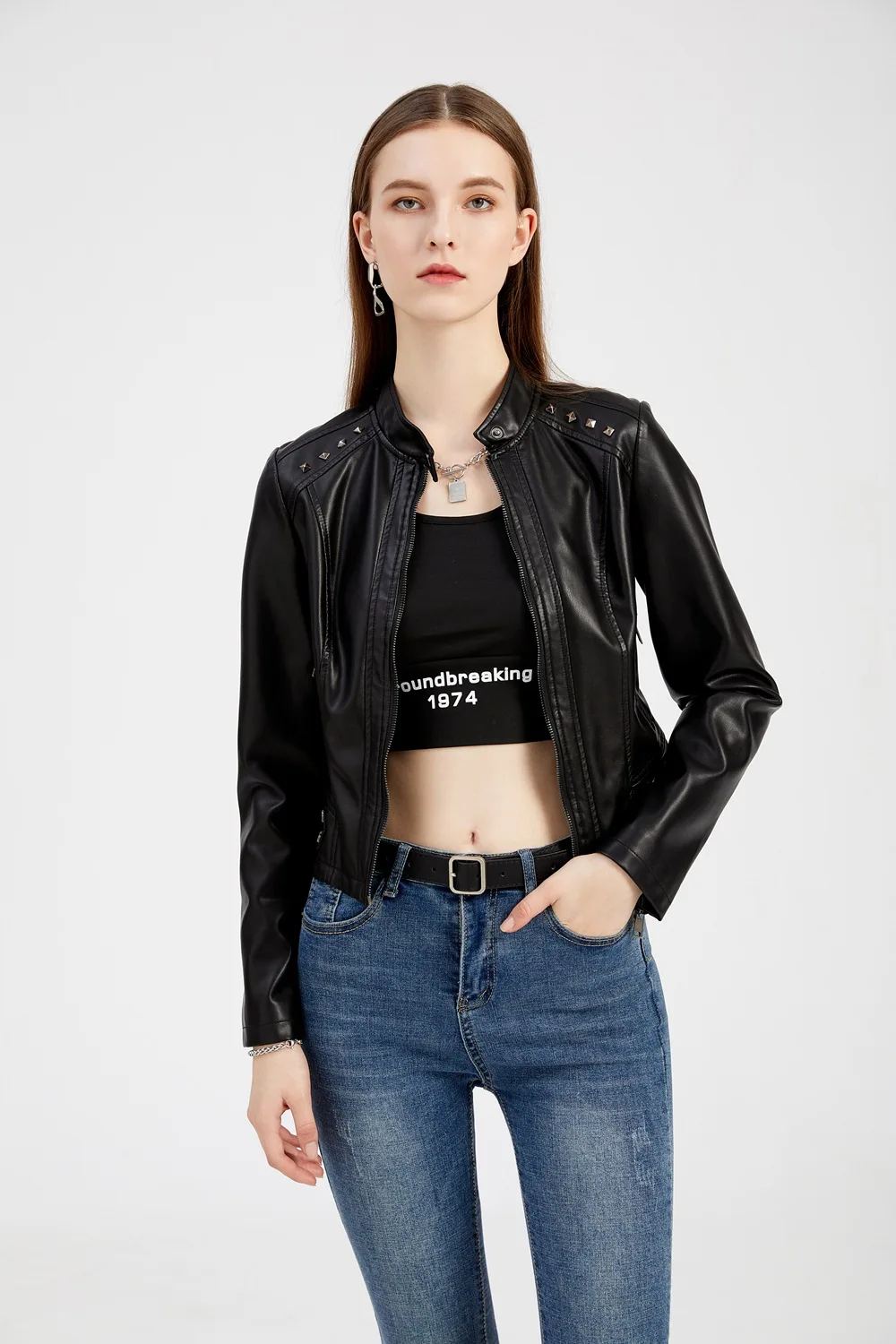 Women's Rivet PU zipper Leather Coat, Black Motorcycle Jacket, Standing Collar, Korean Punk Rock Fashion, Autumn and Winter
