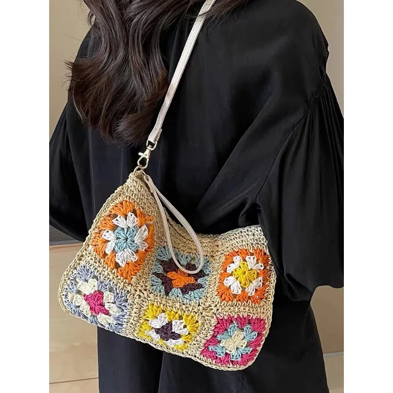 Summer Handmade Hook Retro Flower Crossbody borsa da donna borsa a tracolla singola in corda di carta all\'uncinetto Flip borsa in stile etnico