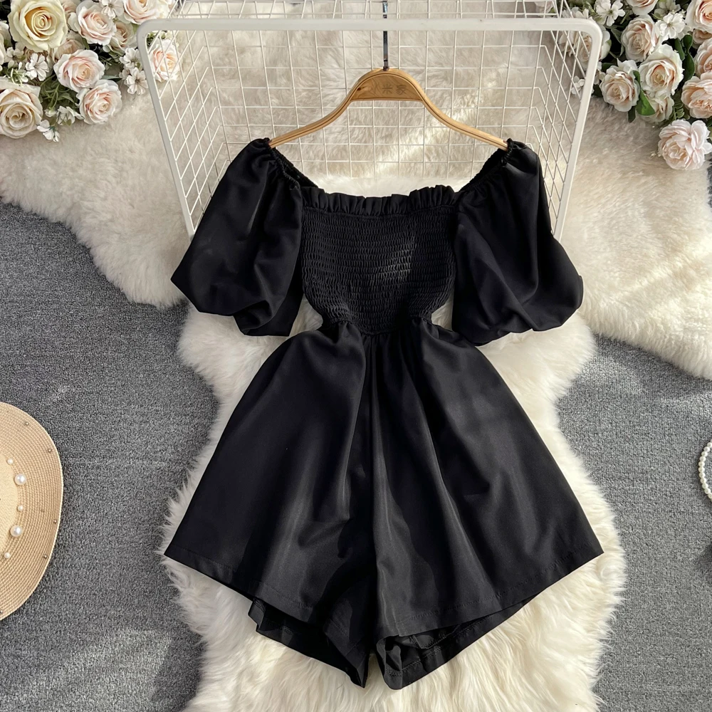 French Elegant Ladies Playsuits Casual Square Collar Puff Short Sleeve High Waist Wide Leg Shorts Solid Women Summer Clothes