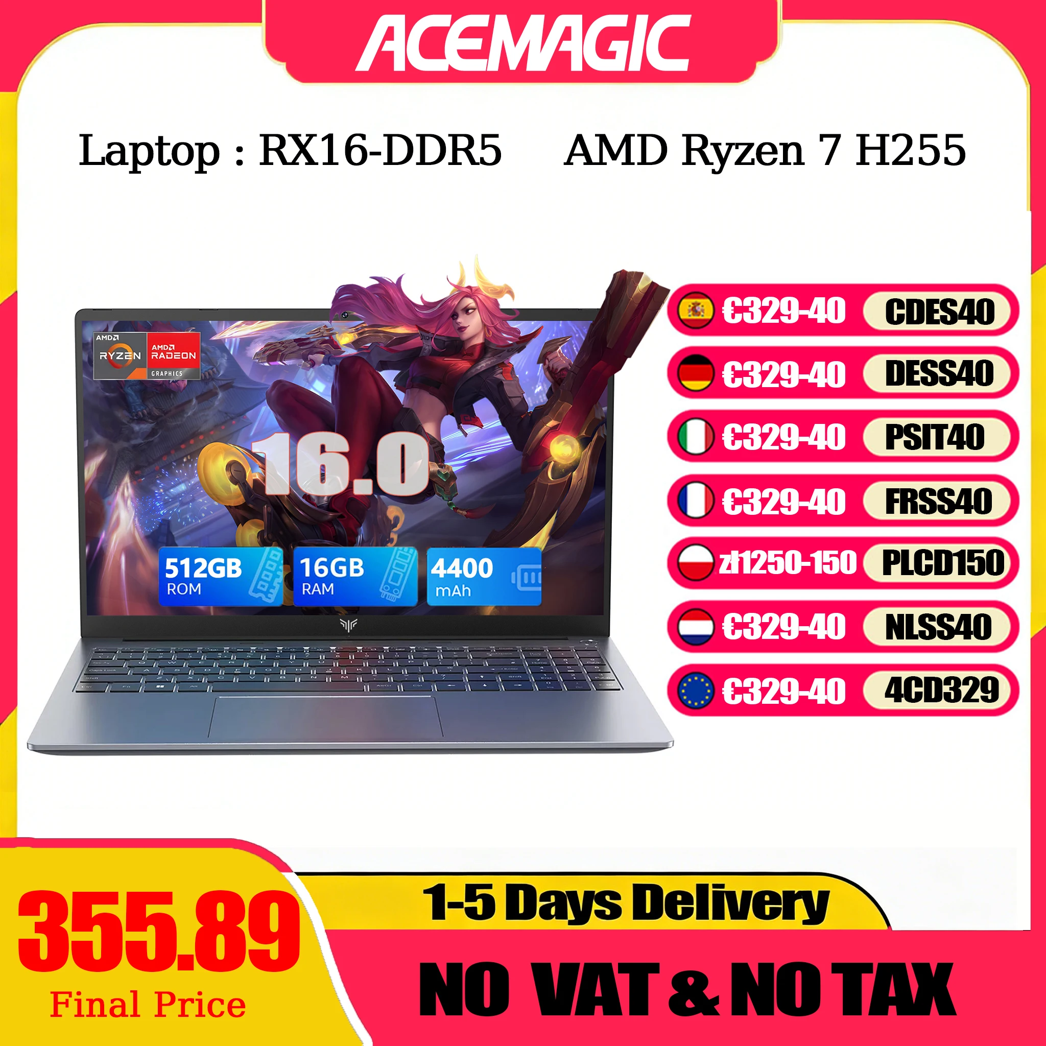 Portátil ACEMAGIC de 16 pulgadas FHD para juegos, AMD Ryzen 7 7735HS/H255, 16 GB de RAM, 512 GB SSD, Windows 11 Pro, teclado retroiluminado, Wifi6, BT5.2