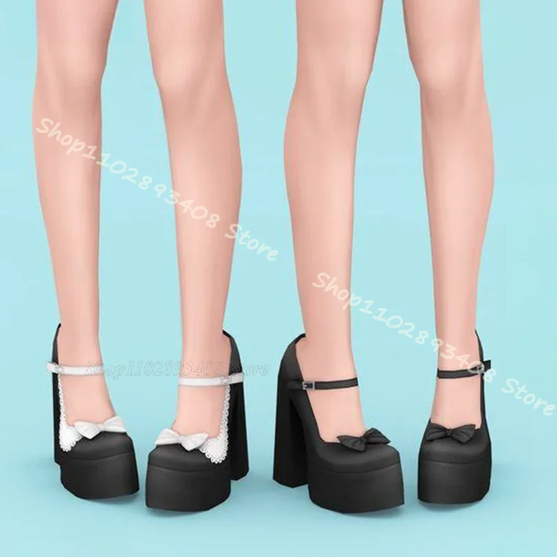 Black Bowknot Platform Pumps Ankle Buckle Round Toe Chunky Heels Mary Jane Shoes Sweet Style Dress Pumps Zapatos Para Mujere