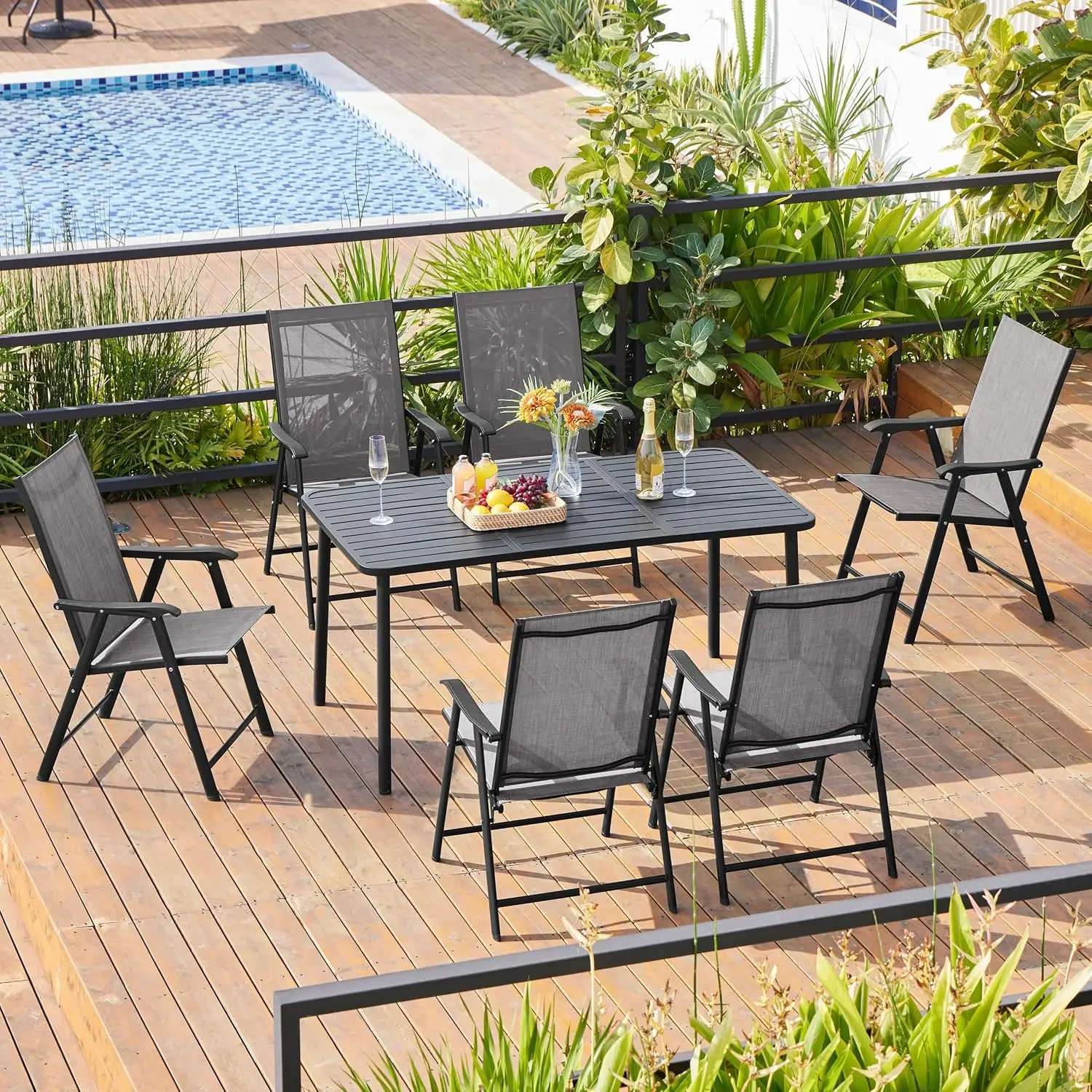 High-Back Folding Patio Chairs Set of 4, Lightweight Portable Outdoor Lawn Seats with Flat Storage, Gray, Customized