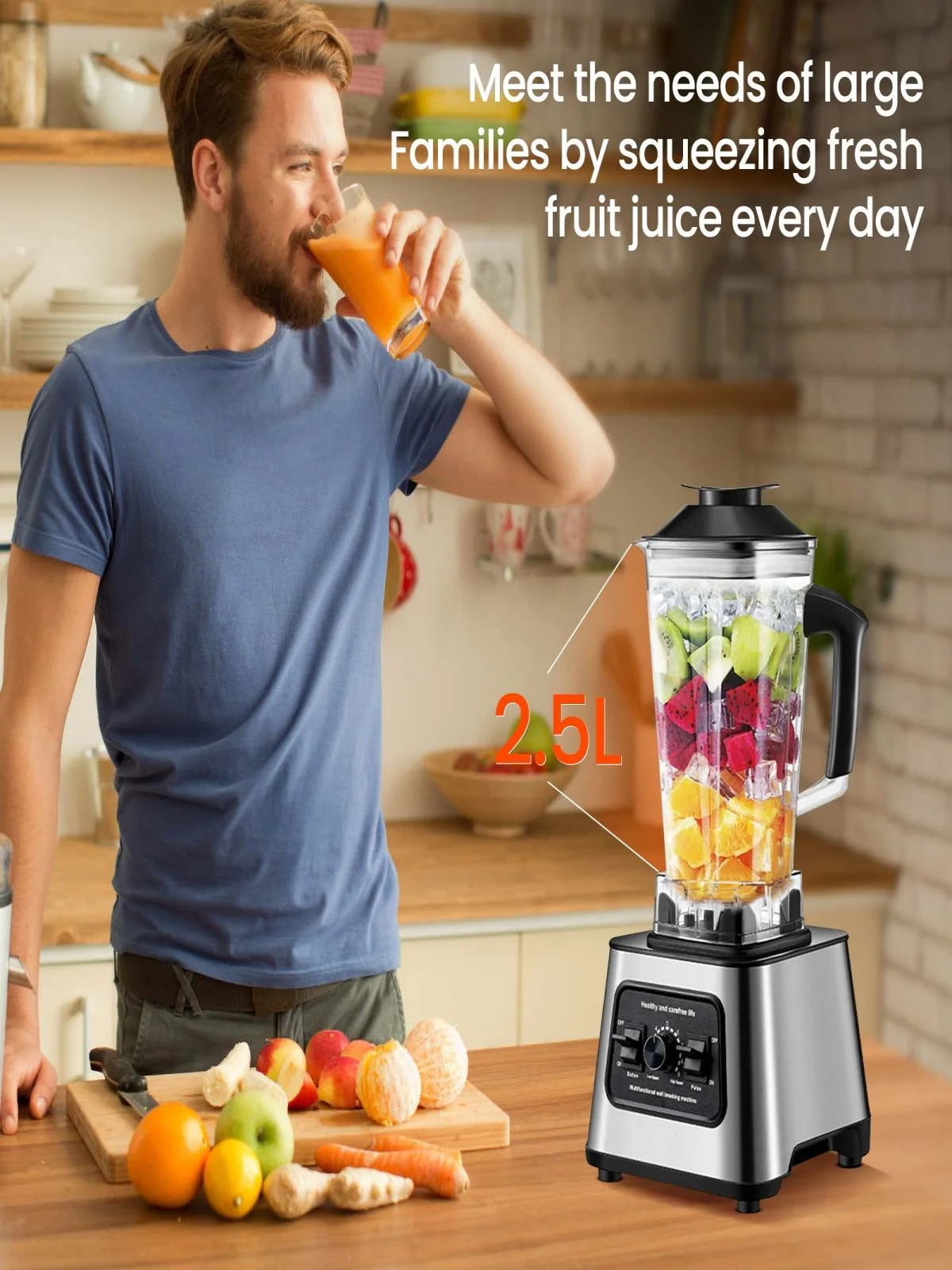 6000W Leistungsstarker Standmixer Entsafter Smoothie-Maker Tischmixer 2,5L Behälter Küchenmaschine Mixer für Eis, Nüsse, Obst
