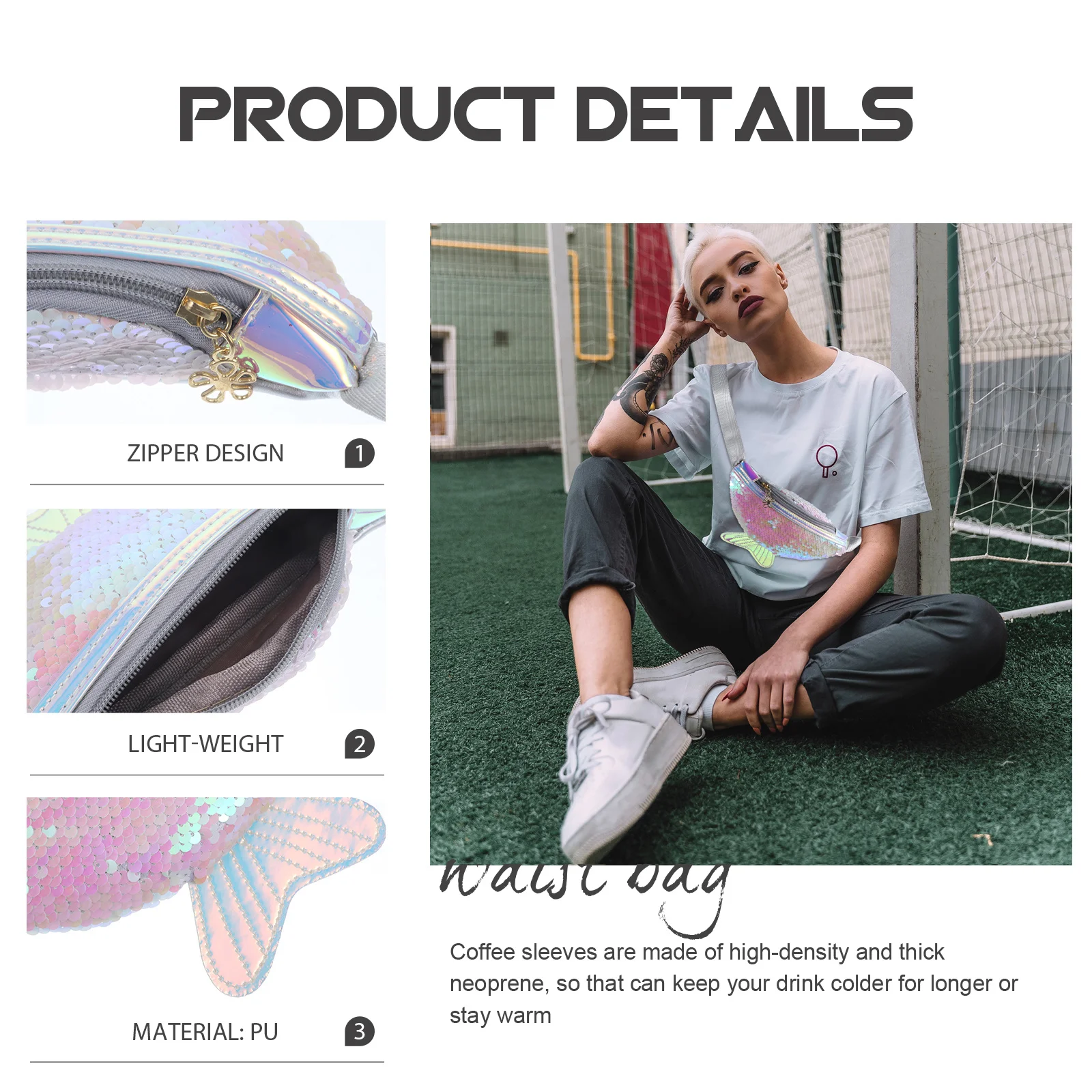 Fish Tail Sequins Waist Bag for Women Multifunctional Lightweight PU Crossbody Chest Pouch Travel Hiking Shopping Dog