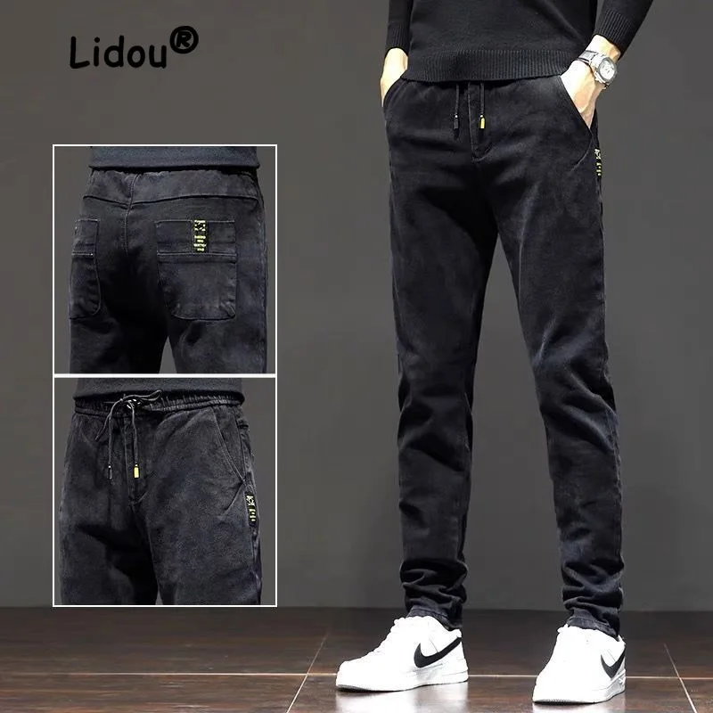 Classic Solid Color Multiple Pockets Patch Men's Cargo Pants High Quality Waist Drawstring Youth Handsome All-match Trousers