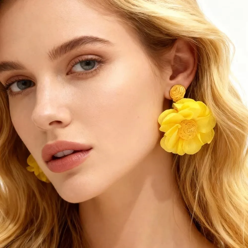 New Colorful Lafite Chiffon Earrings Boho Style Exaggerated Long Drop Earrings Handwoven 3D Flower Fabric Earring Jewelry Gifts