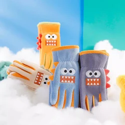 Luvas de lã coral para crianças, Luvas grossas, Mantenha aquecido, Luvas de equitação para meninos e meninas, Tubarão dos desenhos animados, Ao ar livre, inverno, 5-12 anos