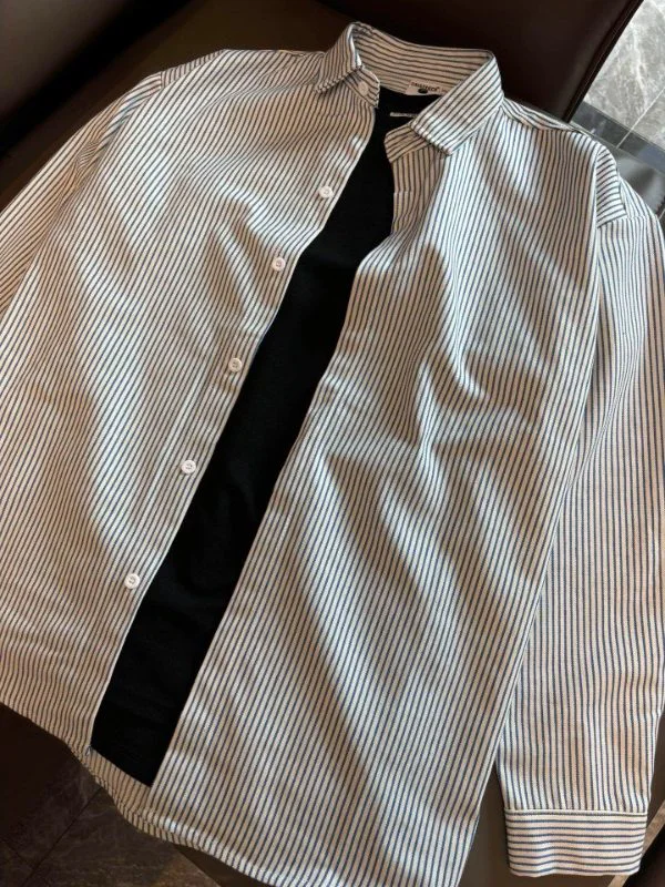 

Loose Fit Men's Striped irt Spring Autumn Japanese Sle Retro Inner Wear Layering irt Couple's Turn-down Collar Jaet