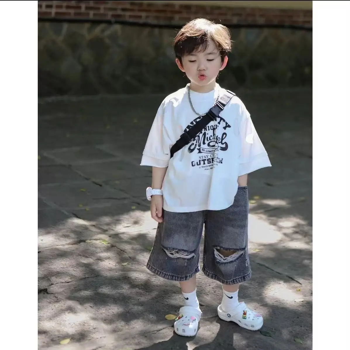 

Boys Summer Sports Leisure Outfit Short Sleeve T-Shirt Denim Shorts Two-Piece Set Children's Clothing 2-7Y