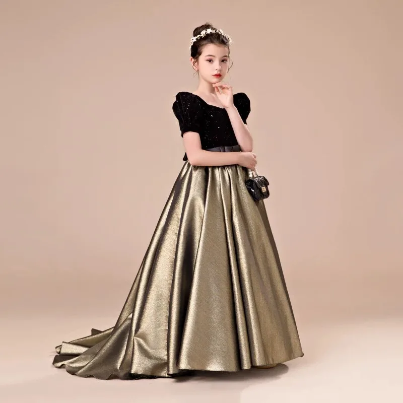 

High-End Gold Runway Wedding Dress with Train for Girls, Piano Performance Dress with Puff Sleeves, Princess Dress, New Summer S