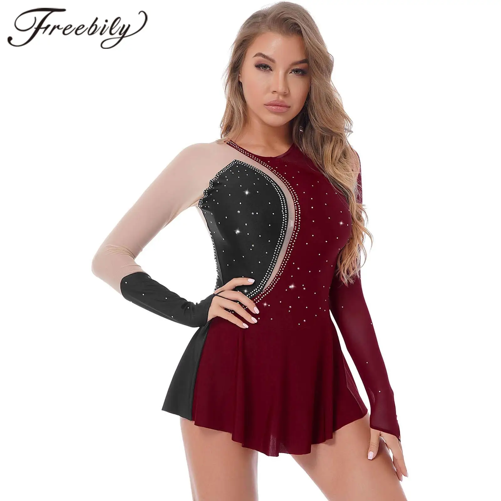 Womens Shiny Rhinestone Figure Ice Skating Dresses Rhythmic Mesh Gymnastics Leotard for Dancing Competition Costume Ballet Dress