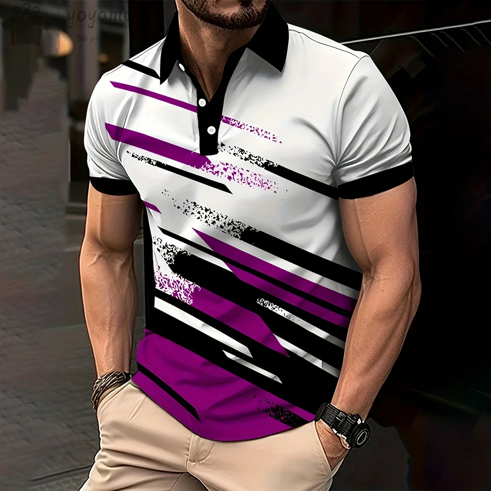 Fashion Mens Polo Shirts Gradient Line Summer Simple Pattern Print Short Sleeve Tee Casual Tops Striped T Shirt for Man Clothing