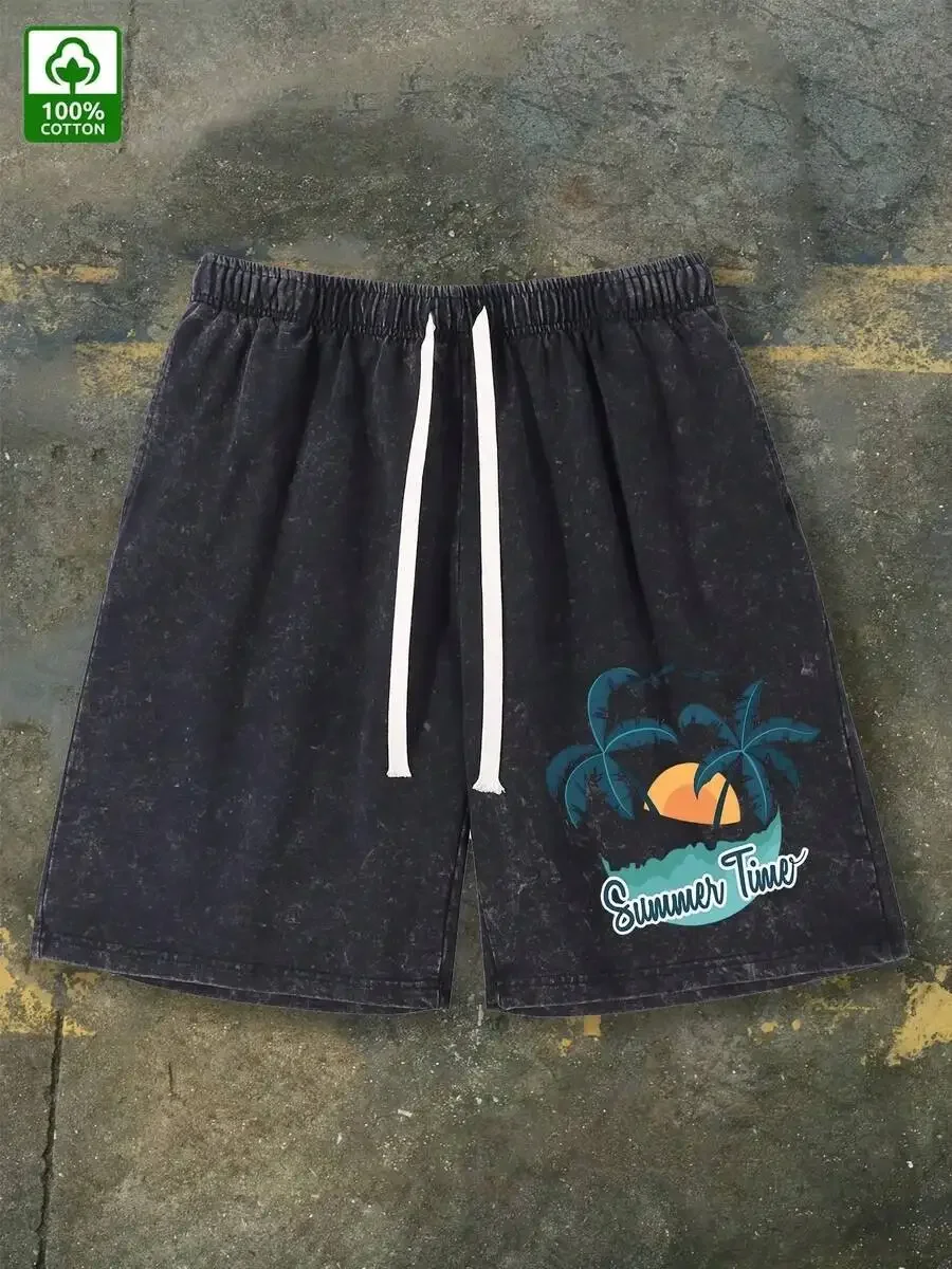 

Faded Washed Cotton Mens Casual Shorts With Palm Tree Sunset Print Elastic Waist Drawstring