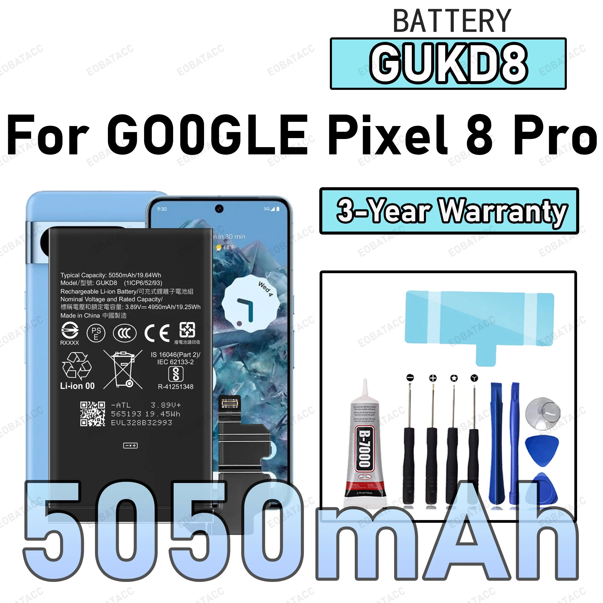 

100% New Zero Cycle GUKD8 Battery For GOOGLE Pixel 8 Pro Phone Replacement Bateria +Free Tools