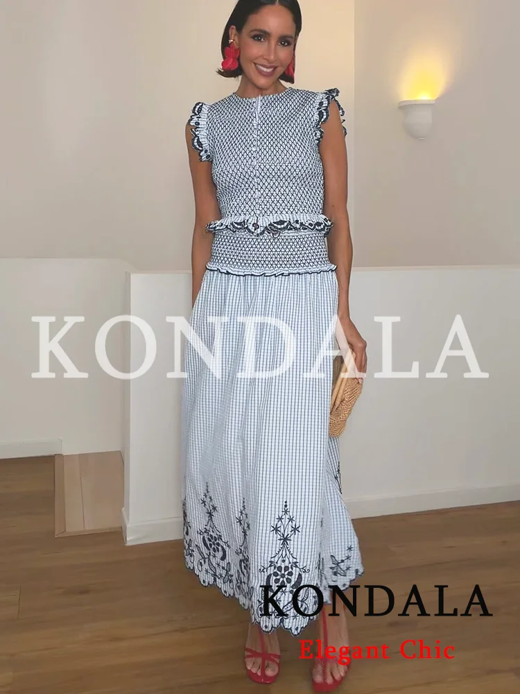 KONDALA Women Trendy Elegant Embroidery Blue Skirt Set  Casual Set Plaid Vest Midi Skirt 2026 Spring Summer Holiday Beach Set