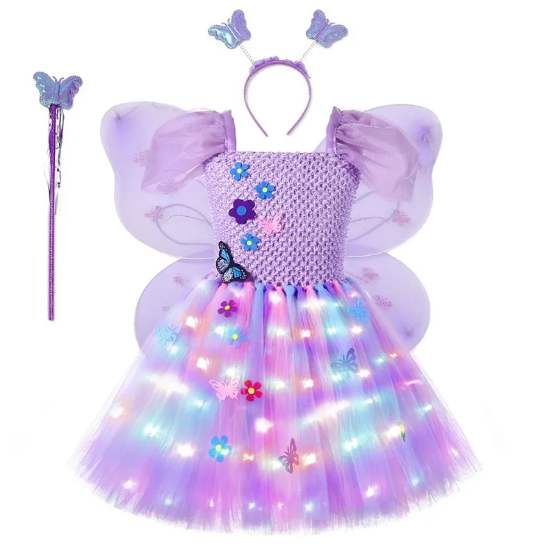 LED Light Up Tulle Princess Puffy Skirt,Girls' Party & Stage Outfit Set,Halloween, Christmas & Festival Performance Formal Dress