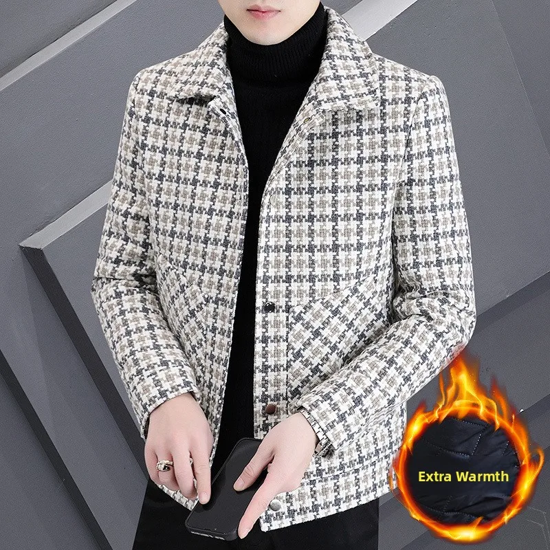 

Зимнее утепленное хлопковое пальто в клетку для мужчин: модное, молодежное, с длинными рукавами, на одной пуговице, с карманами