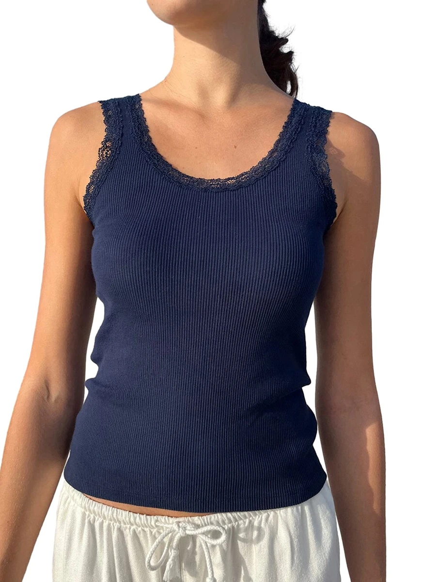 Camiseta sin mangas de encaje para mujer, Top sin mangas con cuello redondo, Espalda descubierta, borde de lechuga, Top sólido de talla grande, camisas ajustadas para salir, ropa de calle