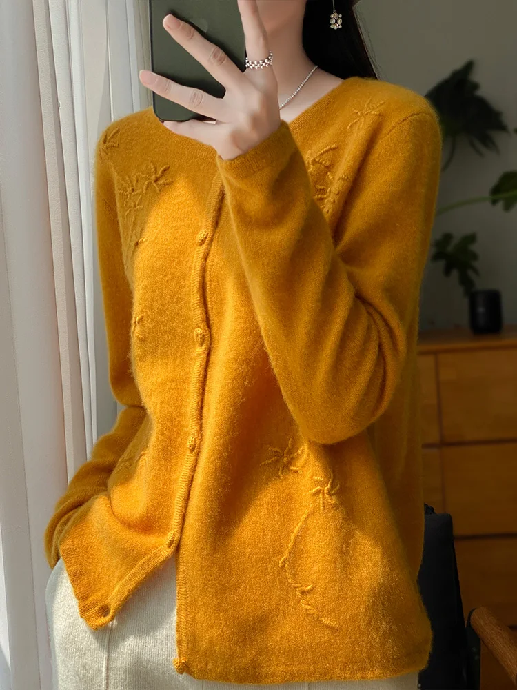 Women Sweater Cardigans O-neck 100% Merino Wool Knitwear Chinese Style Embroider Cashmere Vintage Grace Soft Spring Autumn Tops