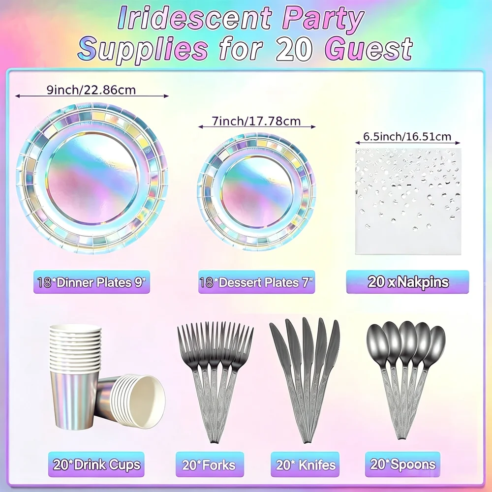 Iridescent Party Holographic Party Decorations With Plates And Napkins Cups Knives Forks Spoons Disposable Tableware Set For Bi