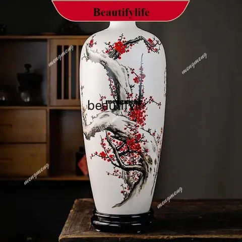 Cy Schapenvlees Vet Jade Handgeschilderde Pruimenbloesem Vijf Fu Pruimenbloesem Vaas Decoratie Chinese Woonkamer Massief Houten Huis Vierkant N