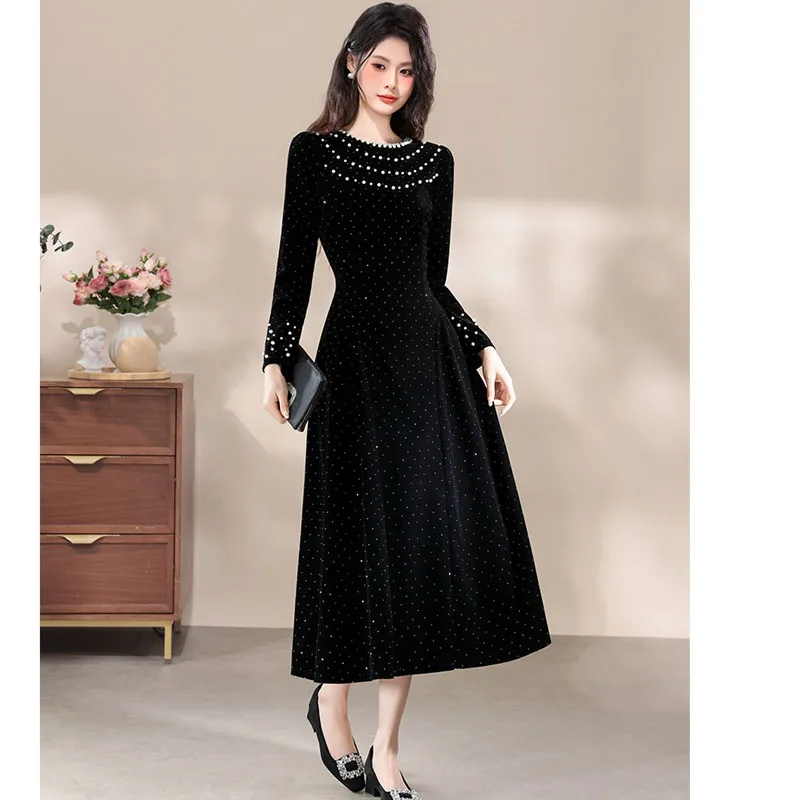 Retro elegante feminino vestido de festa à noite veludo brilhante strass pérola vestido de baile primavera moda manga longa vestido de festa