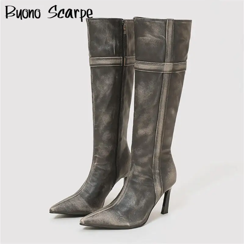 

Женские сапоги до колена с острым носком в стиле ретро, однотонные модные пикантные туфли без шнуровки на высоком каблуке для шитья, модные дизайнерские пикантные туфли для вечеринок в стиле вестерн