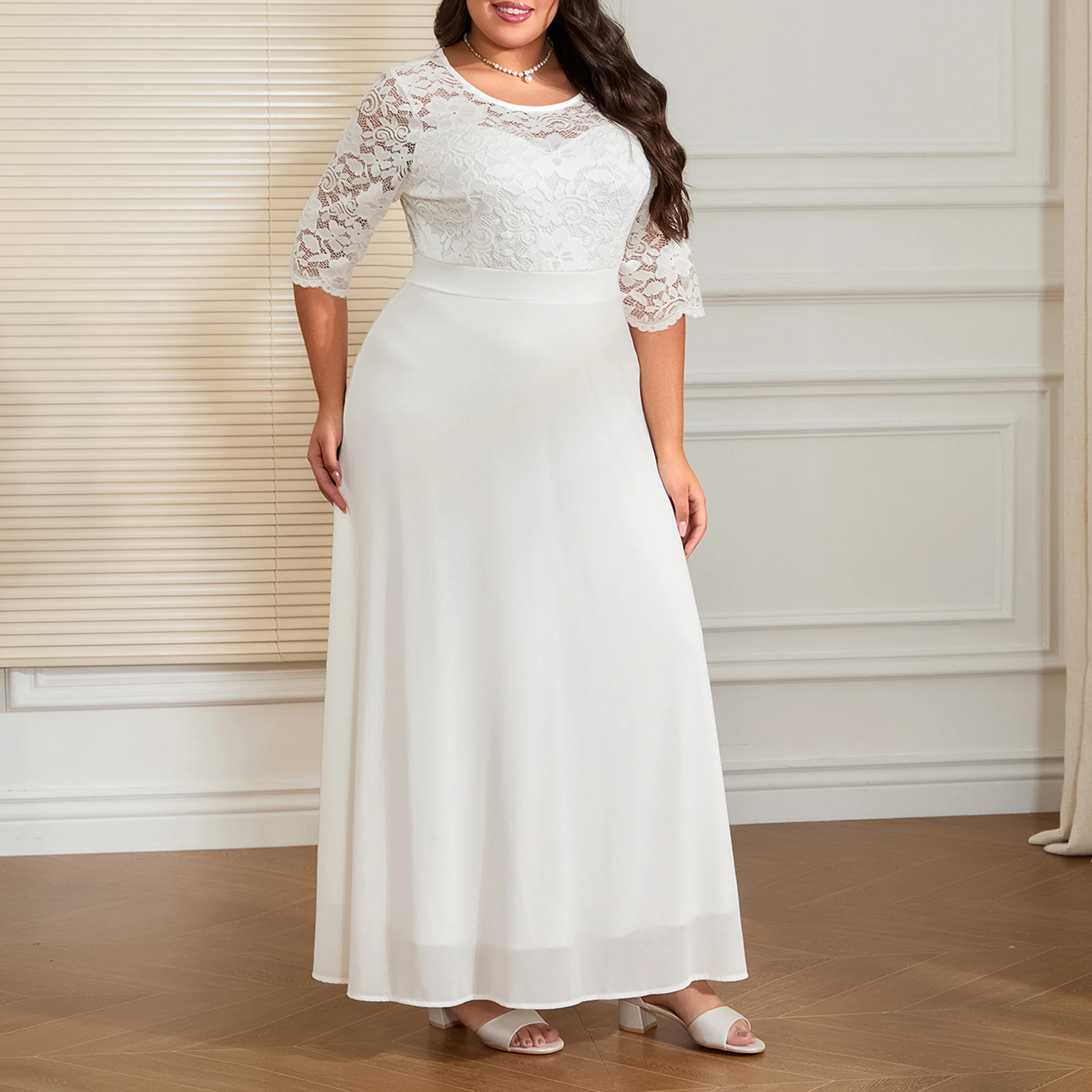 

Women's Formal Lace Long Dress Elegant Middle Sleeve Round Neck Lace Party Dress Summer Midi Plus Size Dresses