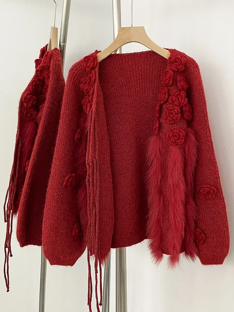 Women New Spring Winter Real Fox Fur Cardigan Clothing 3D Flowers Kint Sweater Coat Female Loose V-neck Knitwear Jacket
