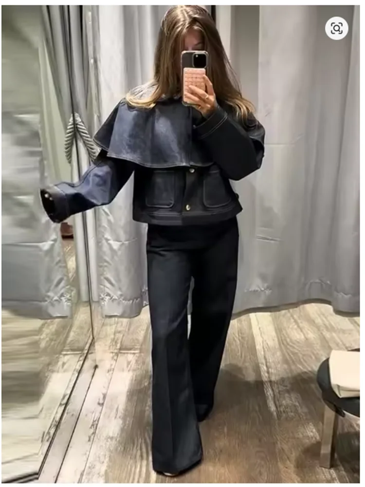 سترة نسائية أنيقة بدوره إلى أسفل طوق كم كامل واحدة الصدر الدنيم السترات النسائية 2025 الخريف ساعة سيدة الموضة أبلى #5