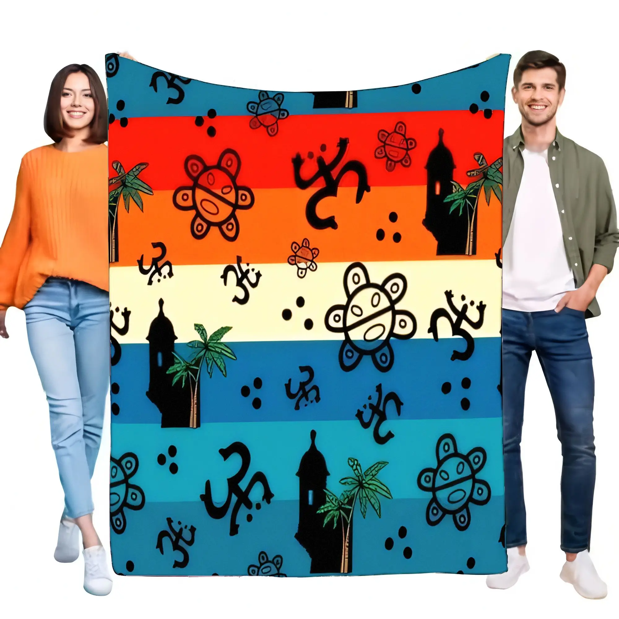 Puerto Rico Taino Coqui El Morro Blanket, Vibrant Striped Tropical Caribbean Fleece Throw, Soft Warm Flannel Cozy Bed Sofa Home