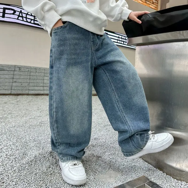 Boys Spring Autumn Jeans 2026 Casual Loose Straight Pants Kids Cool Denim Trousers Children Fashion Long Pants