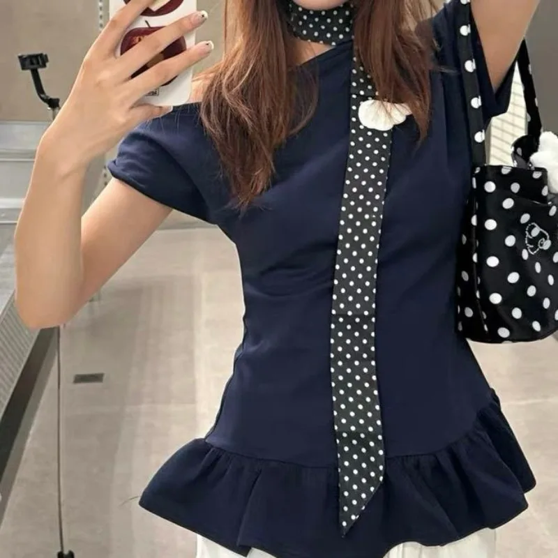 Polka Dot Black Scarf Women Korean Style Plush Wing Charms Headband Long Ribbon Hair Band Retro Satin Neckerchief Bag Accessory
