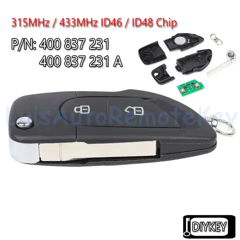 2 Buttons Smart Flip Remote Car Key Fob 315MHz / 433MHz ID46 / ID48 for Lamborghini Gallardo P/N: 400 837 231 A, 400 837 231