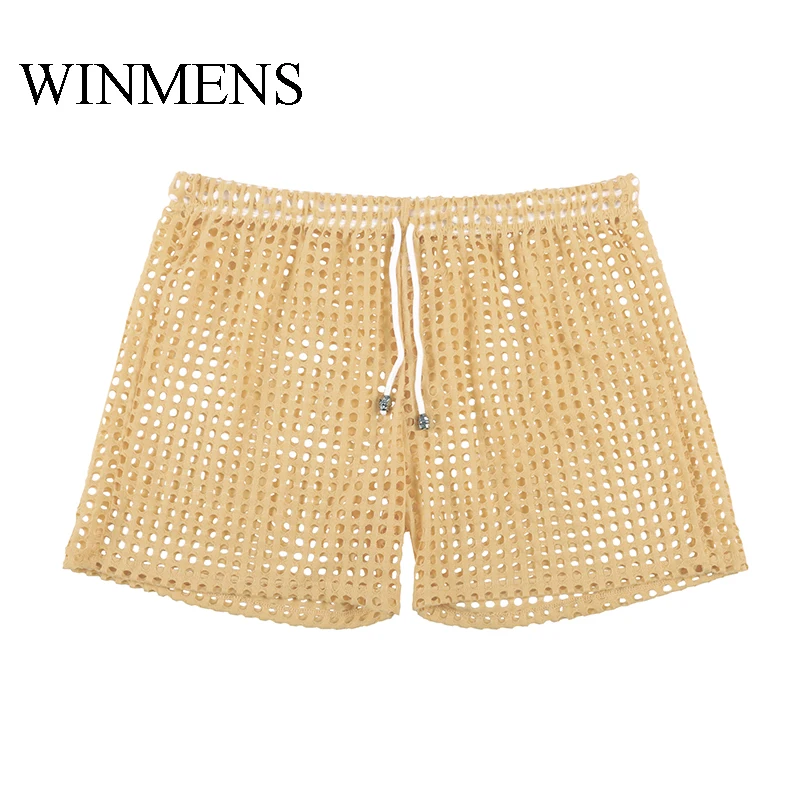 Men\'s Pajamas Pants Summer Sleep Bottoms WOXUAN Cut-outs See Through Indoor Shorts Lounge Funny Fishnet Gay Sexy Sleepwear