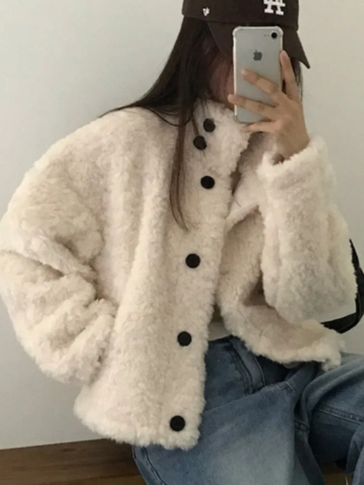 Chici الخريف الشتاء ort Thiened فرو الضأن Jaet الوقوف طوق الكورية Sle معطف المرأة للحرم الجامعي الشارع Sle السفر