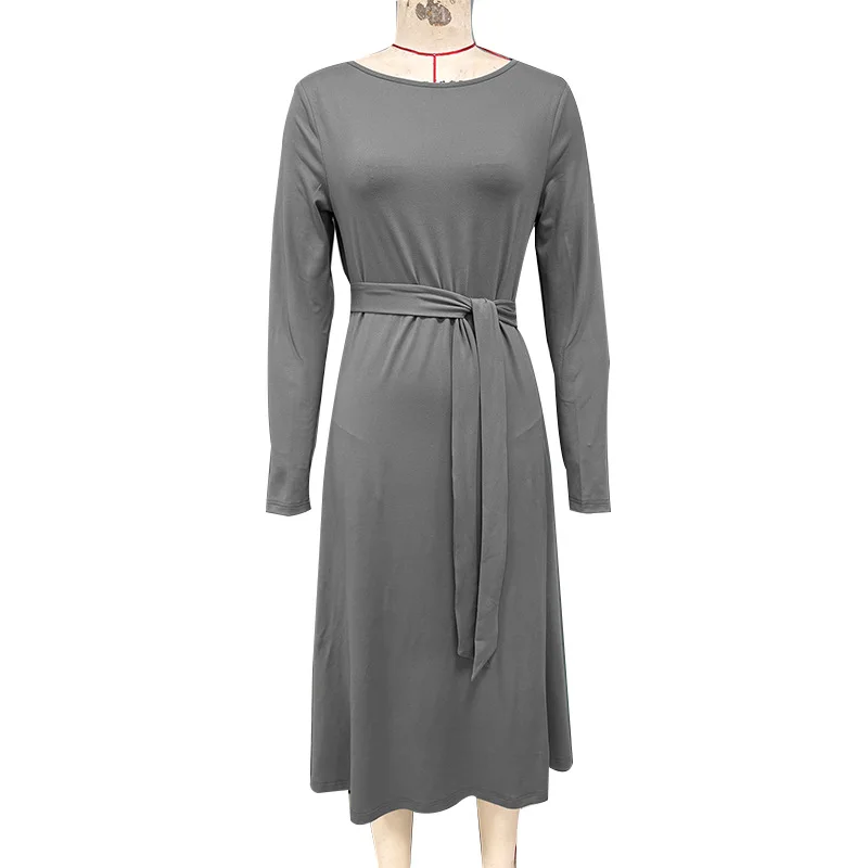 Elegant long-sleeved dress with an external belt Solid-colour knitted A-line skirt