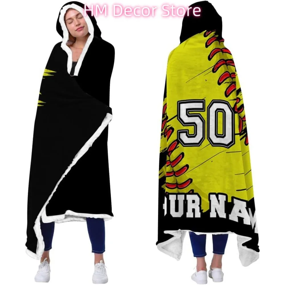 Customize Softball Hooded Blanket with Name Number, I Love Softball Blankets and Throws, Sport Wearable Blanket for Girls Daught