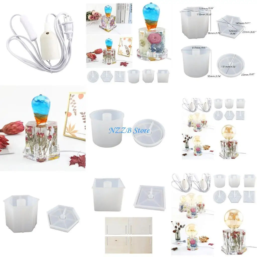 

T21F DIY Crystal Epoxy Resin Lamp Holder Hexagonal Cube Cylinder Bedside Lamp