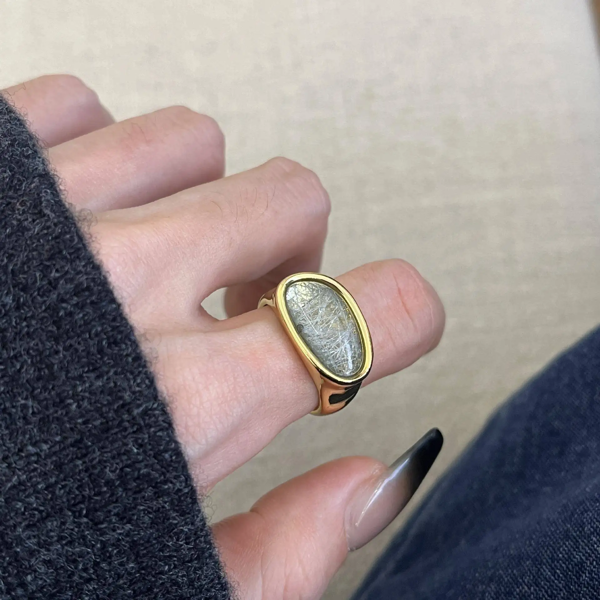 

Retro Court Style Natural Stone Embedded Vintage Ring Versatile Quality Design Popular New Model Ring Fashion Jewelry Accessory