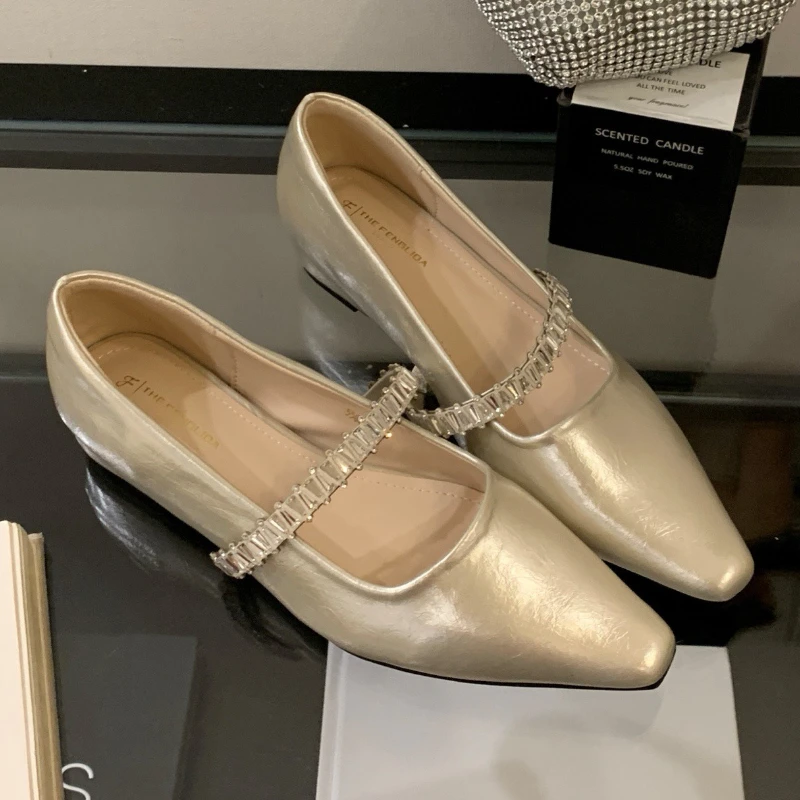 

Элегантные туфли Мэри Джейн со стразами, женские удобные модельные туфли на мелкой подошве, золотистые офисные туфли для взрослых, новинка 2025, осенняя модная женская обувь на плоской подошве