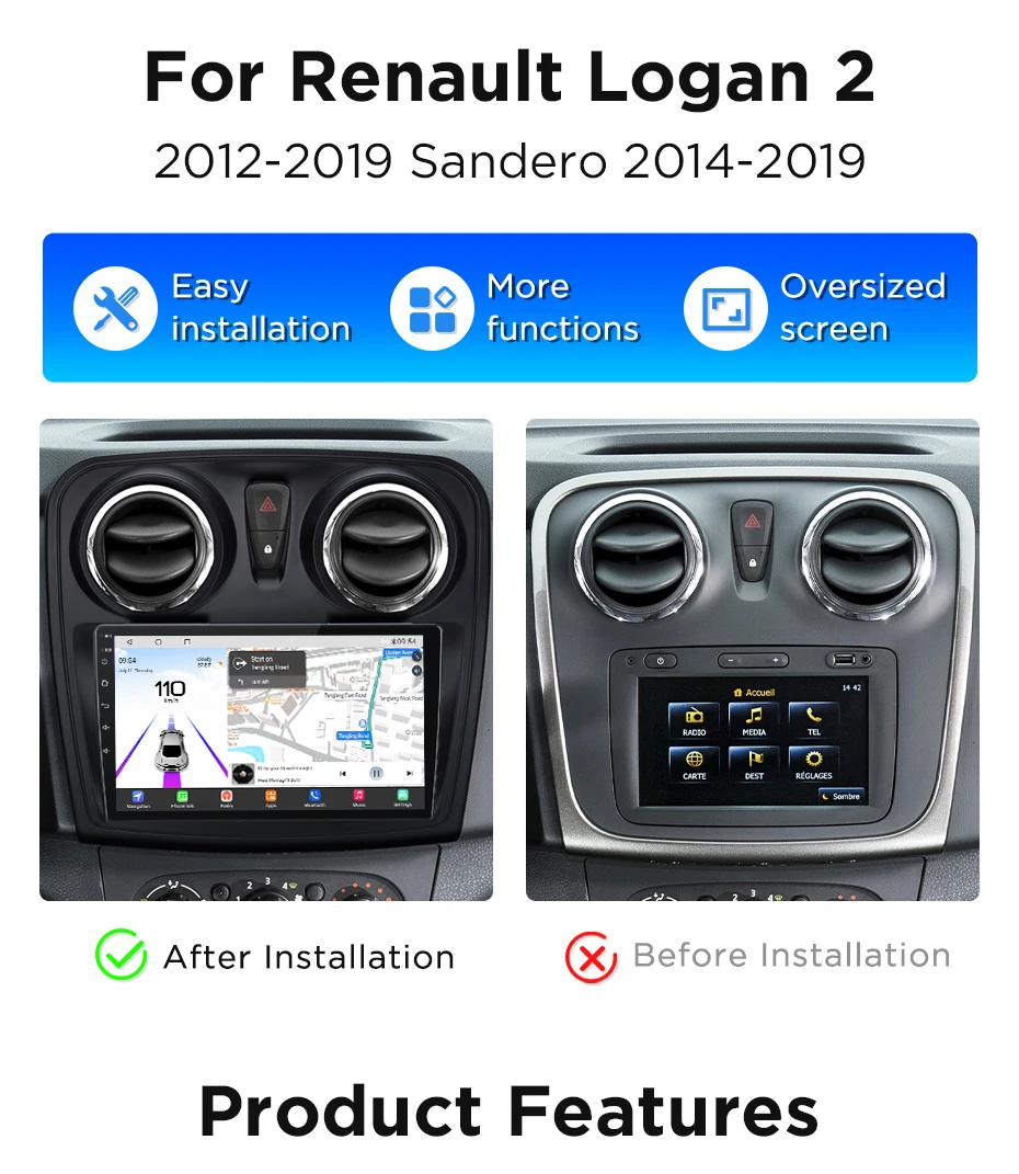 Junsun 8-Core 360 Kamera CarPlay Android Auto Autoradio für Renault Logan 2 Sandero 2014-2019 GPS Intelligente Systeme Stereo – Detail 4