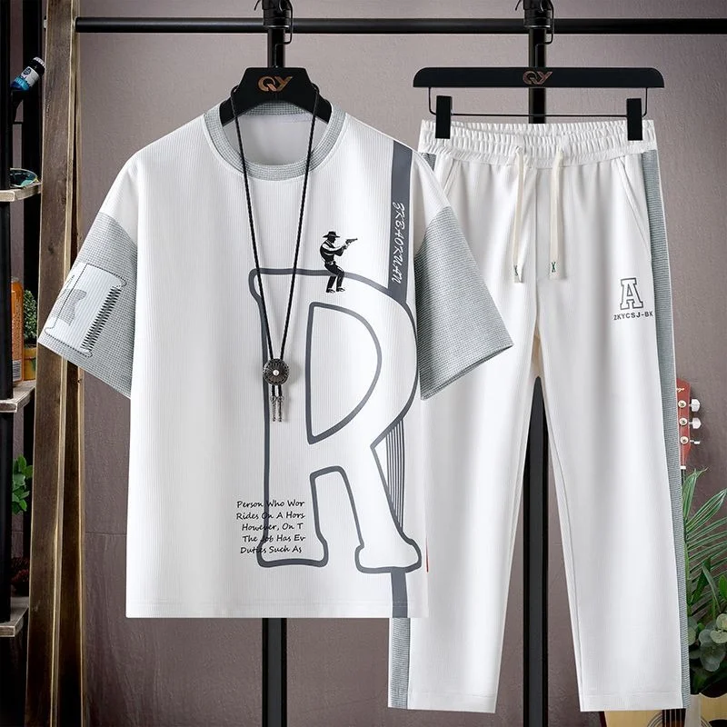 

Summer Casual Short Sleeved Set Trendy Loose Five Inch T-shirt Plus Size Men's Outfit Complete Set with Matching