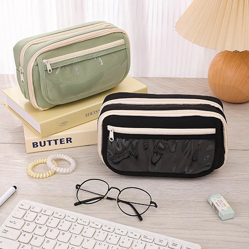 Kawaii Large-capacity Pencil Bag Flip-top Translucent Student Stationery Storage Bag Boys And Girls Simple Stationery Pen Box