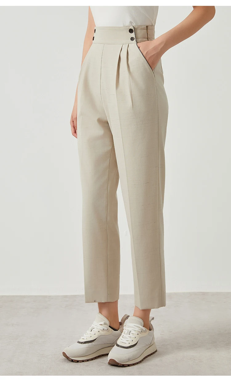 K2523X Luxuriöse Damen-Hose aus Woll-Leinen-Mischgewebe, tailliert, gerade geschnitten, hohe Taille, schlichte Linien, elegante, minimalistische Hose – Detail 7