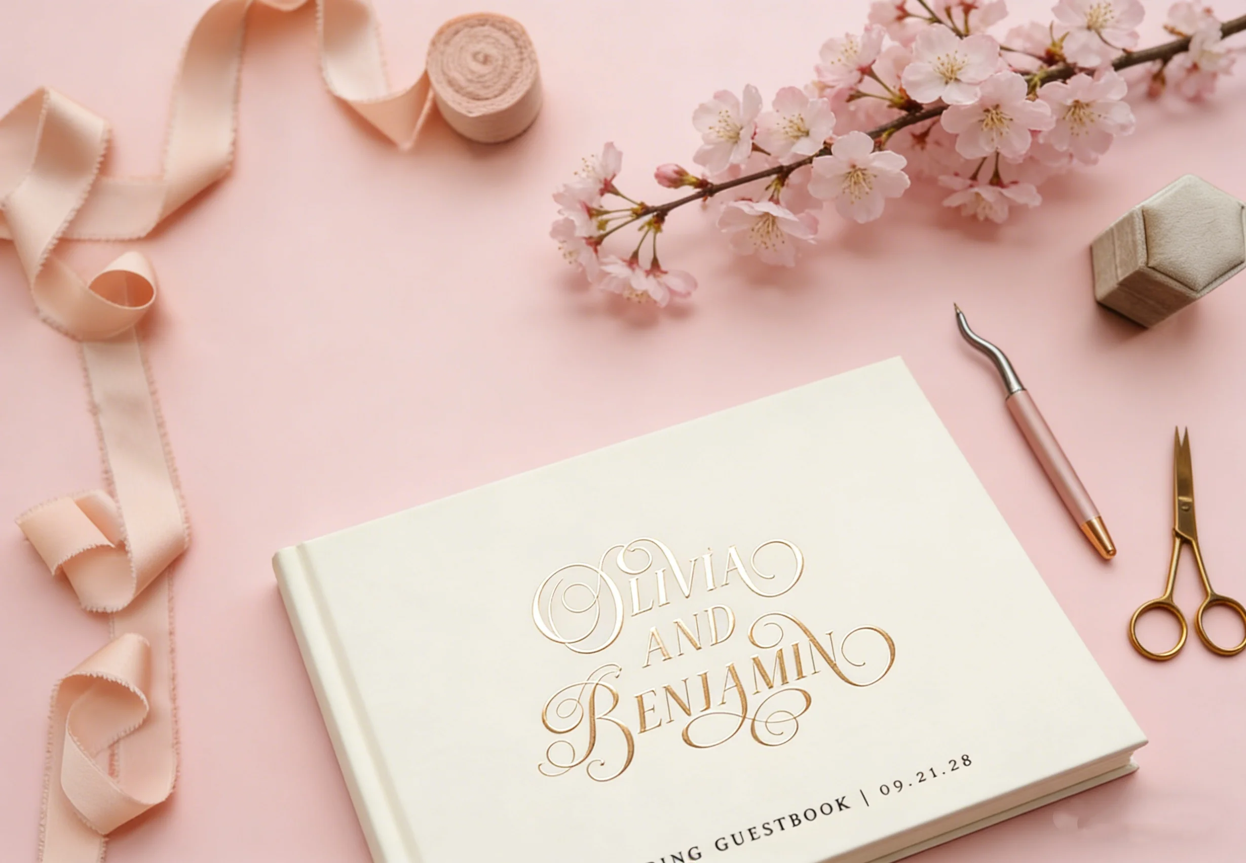 

Elegant Wedding Guest Book | Vintage Real Rose Gold Foil Hardcover Photo Album, Romantic Beige Sign In Book