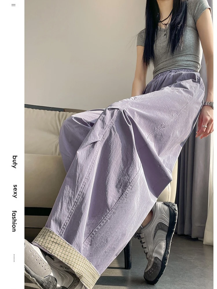 2026 New Sports Pants Spring Summer Quick-Drying Plaid Curl Staggered Waist Slacks Women Fashion High Waist Loose Wide-Leg Pant