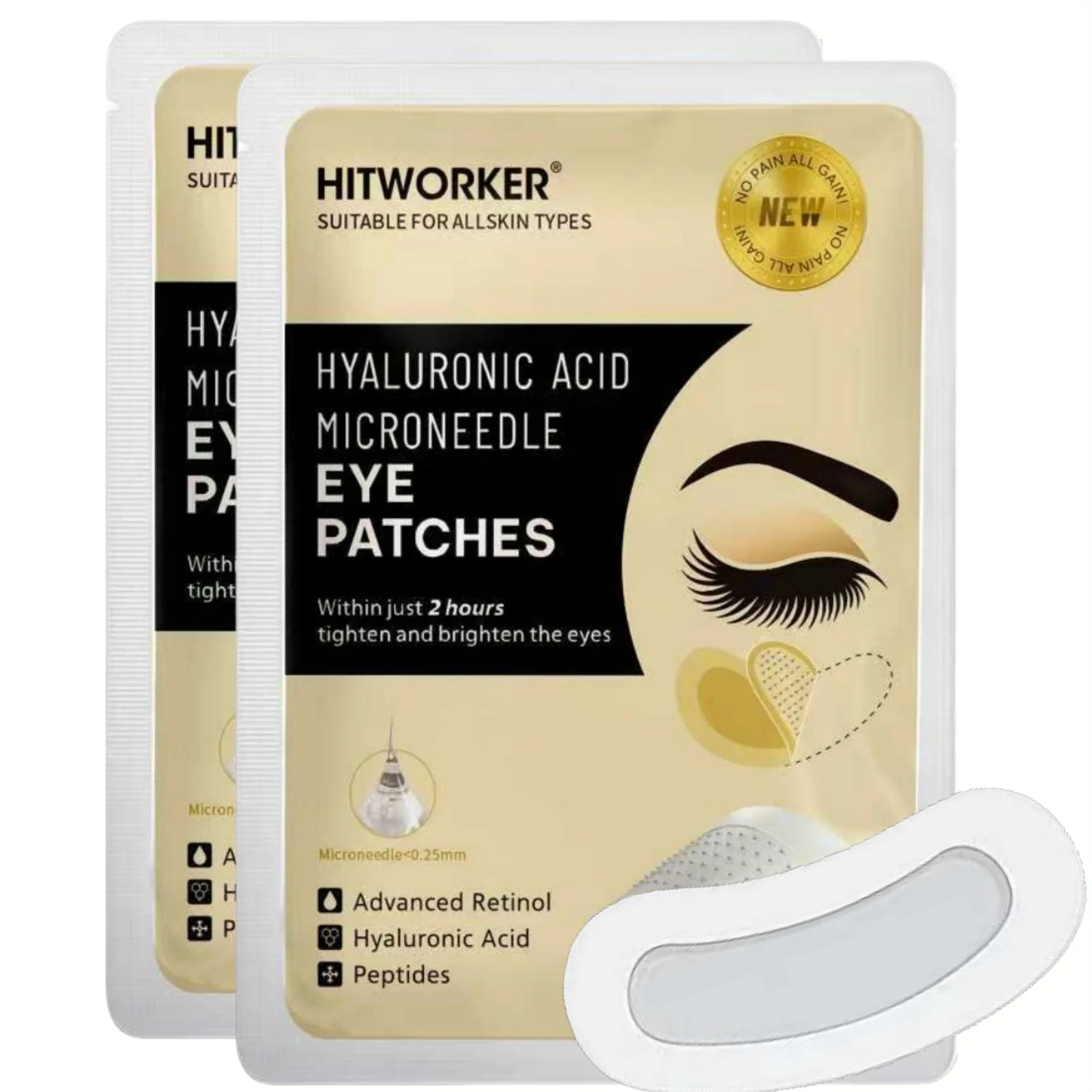 1 par de adesivos hidratantes para os olhos com ácido hialurônico, adequados para todos os tons de pele, comprimento da agulha inferior a 0,25 mm